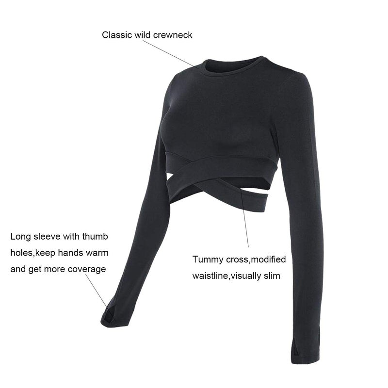 DREAM SLIM Women Long Sleeve Crop Tops Tummy Cross Crewneck Yoga Running Shirts Gym Workout Crop Tops with Thumb Holes (Black Long, XS) - Image 5